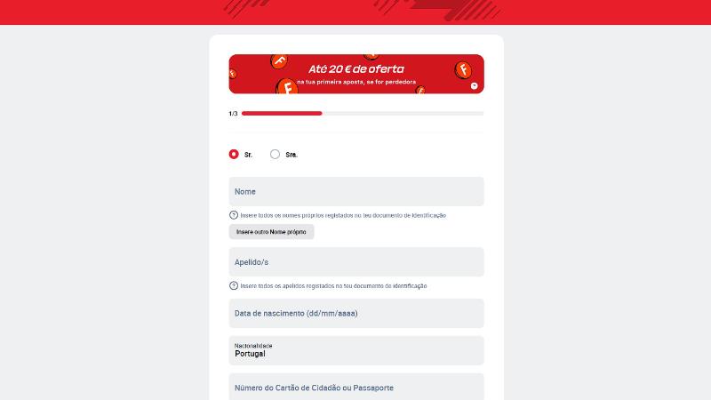 Código promocional Betclic formulário de registo