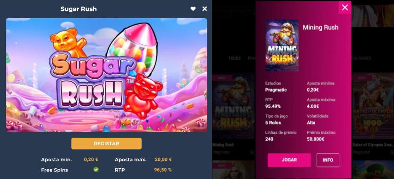 Informações como o RTP nas Slots Sugar Rush e Mining Rush